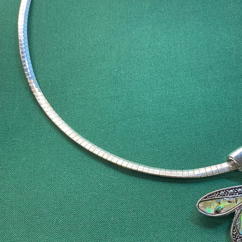 Vintage Dragonfly with Abalone Inlaid Shell Wings Pendant Silver Omega Necklace - Picture 11 of 13